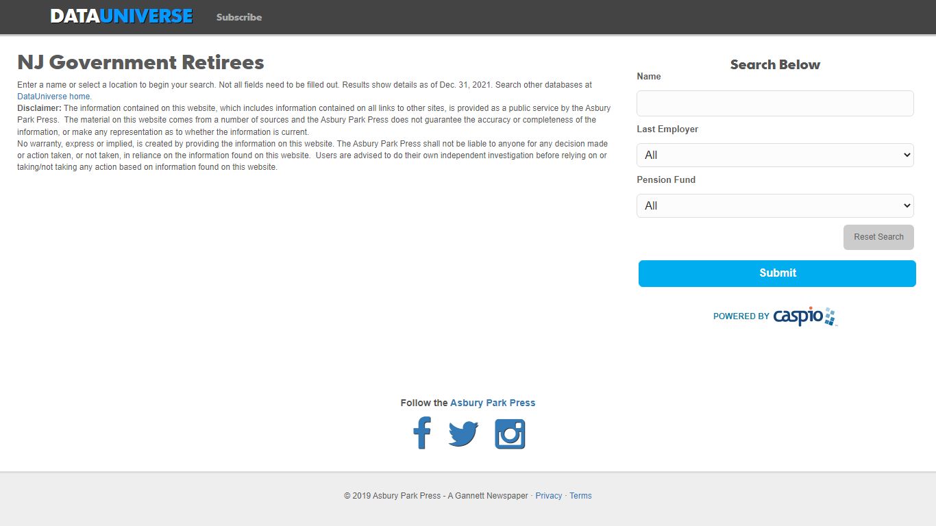 DataUniverse NJ Retirees - DataUniverse by the Asbury Park Press